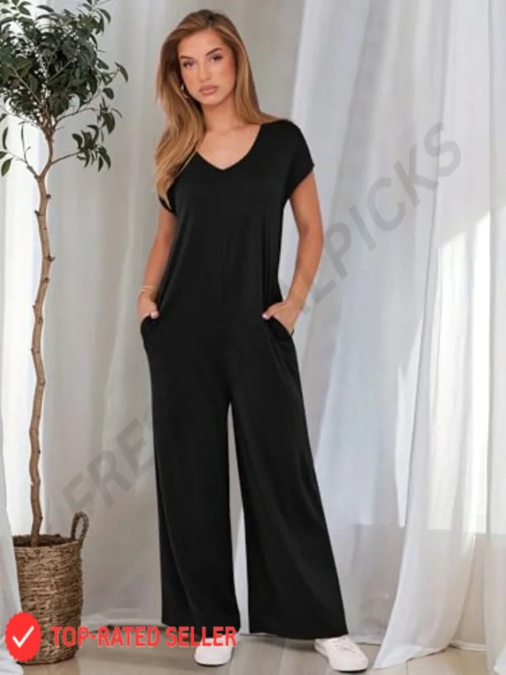 Loose Cap Sleeve Wide Leg Jumpsuit Romper Summer Casual Rayon Blend